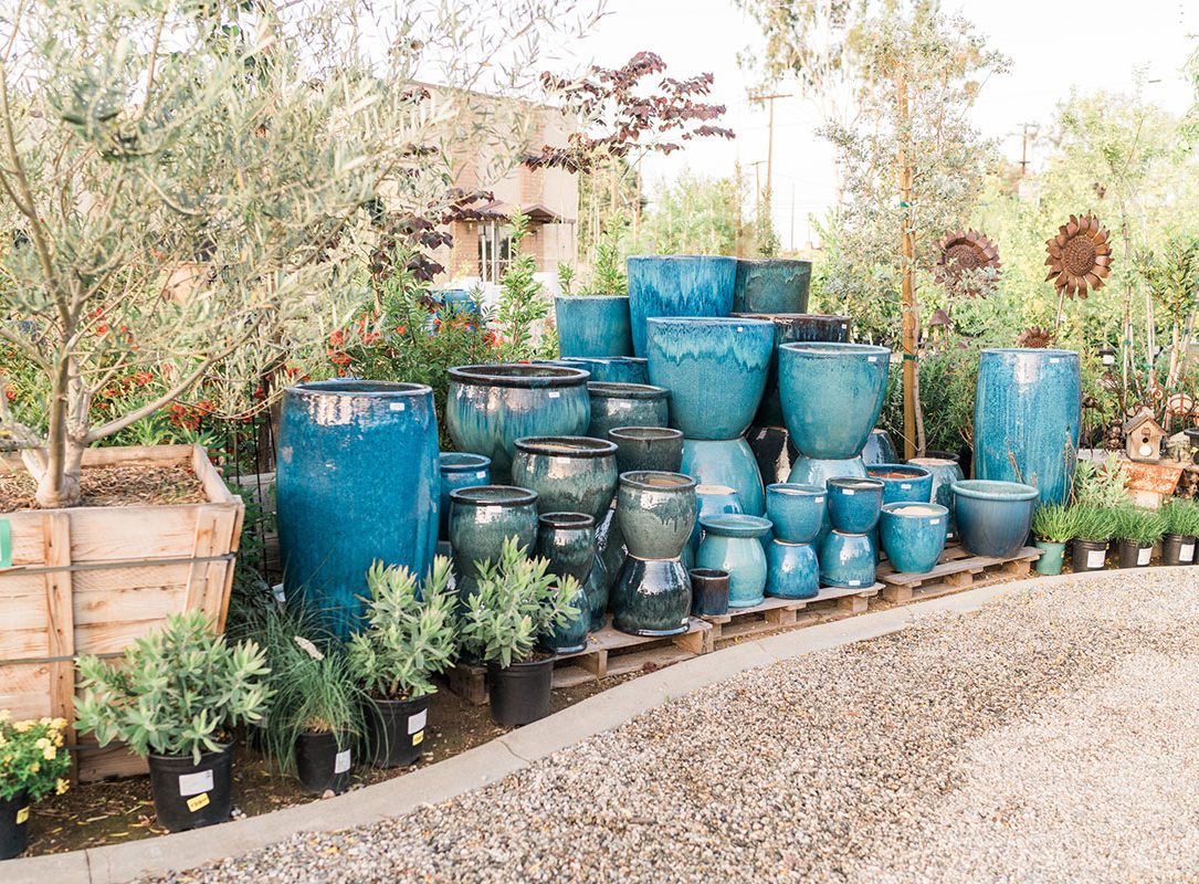 teal pottery stacked